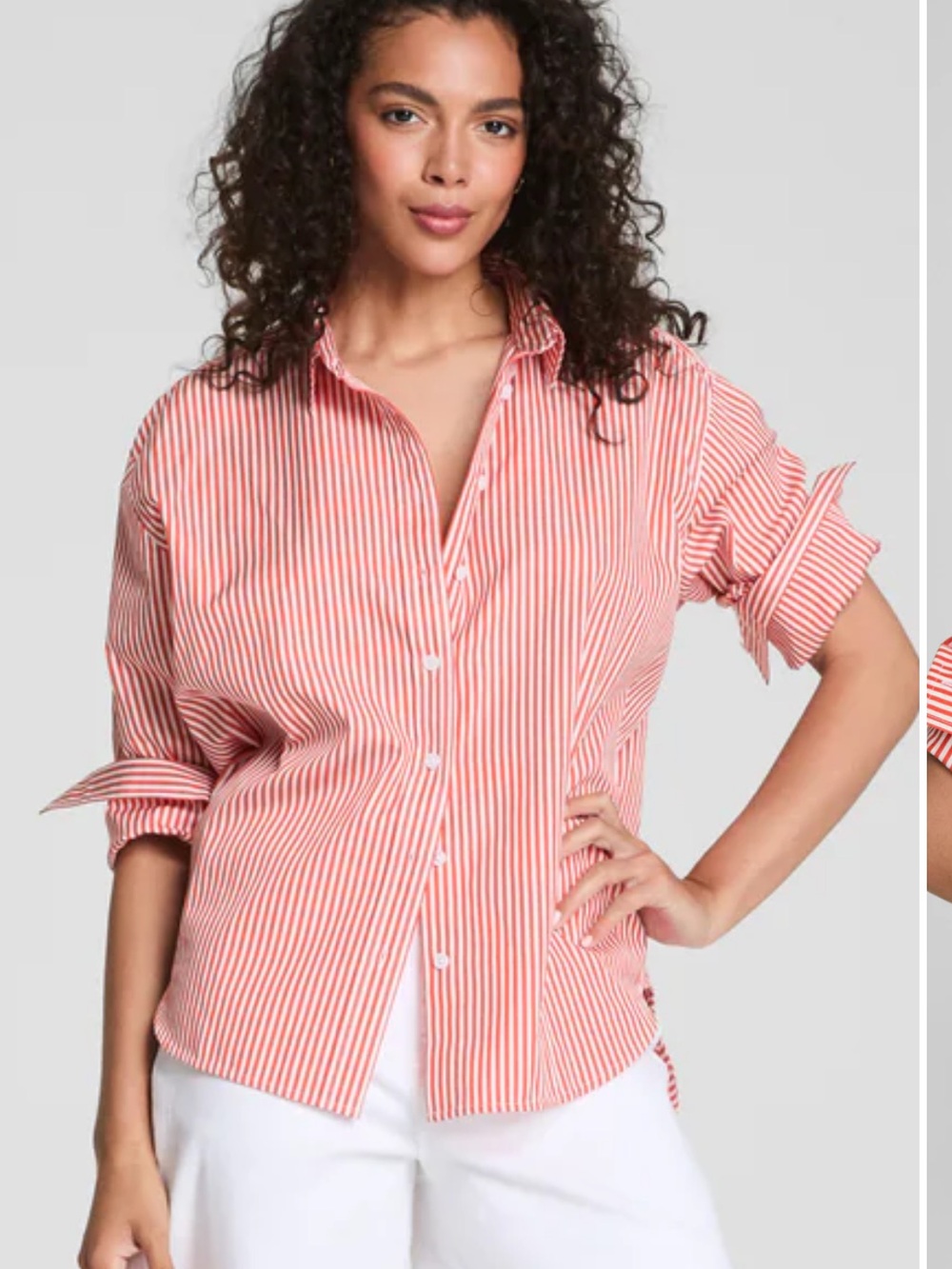 Lands' End Red & White Vertical Stripe Button-Down Shirt
